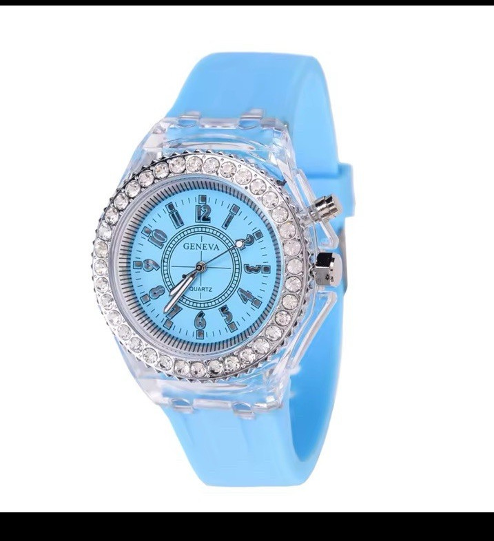 Geneva Quartz Women’s Analog Wristwatch Blue Dial Silicone Strap Gem Bezel Box