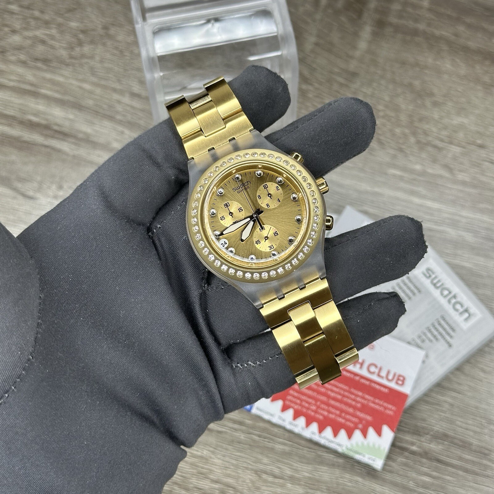 NEW✅ SWATCH IRONY FULL BLOODED GOLD CHRONO ALUMINUM 43MM WATCH SVCK4084