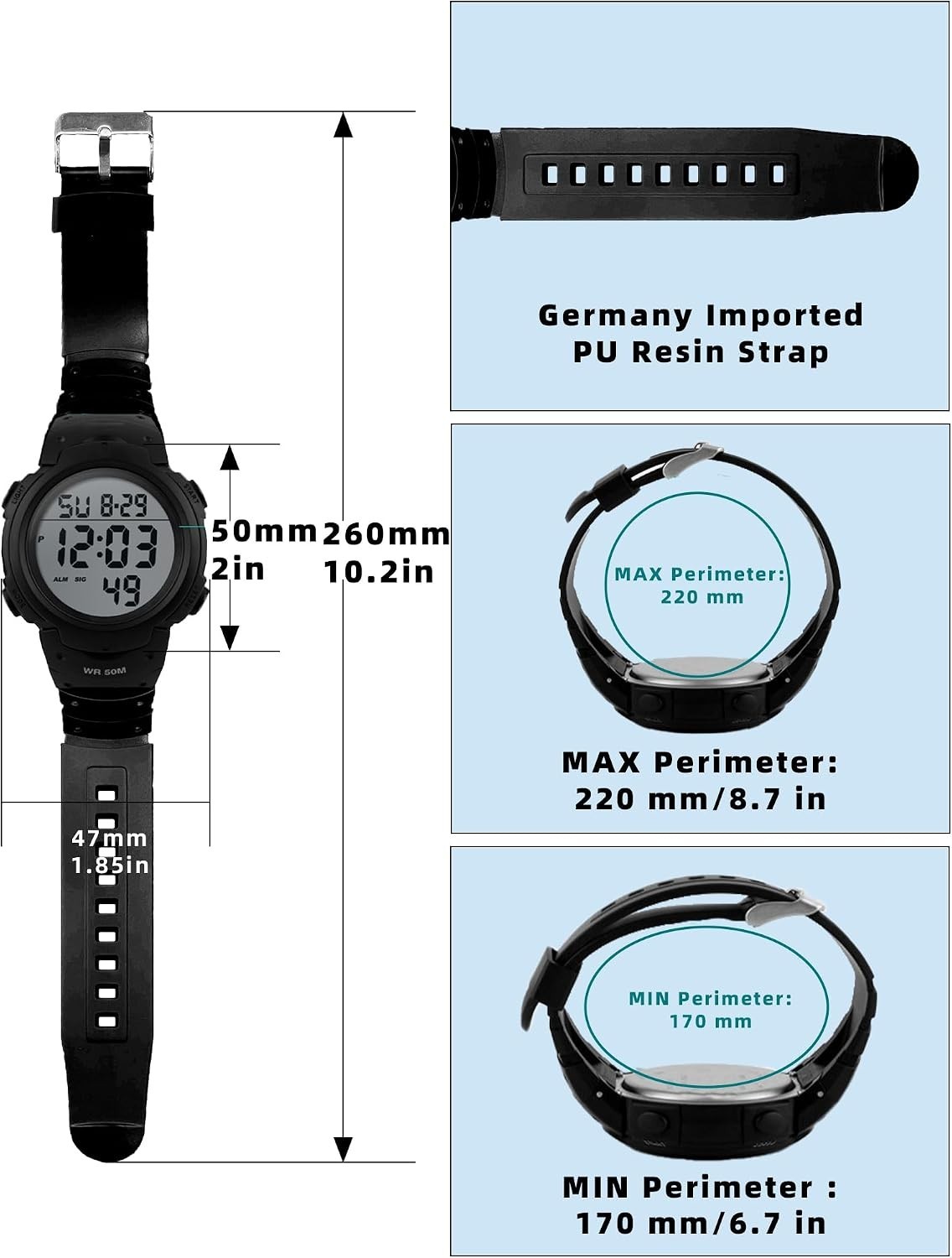 Men’s Active Digital Watch – 50mm Face, EL Backlight & Waterproof for Outdoors