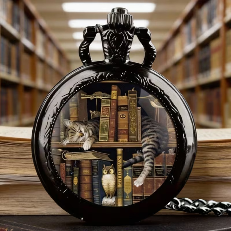 CAT Sleeping in Bookcase Vintage Quartz Pocket Watch with Chain Pendent Cats