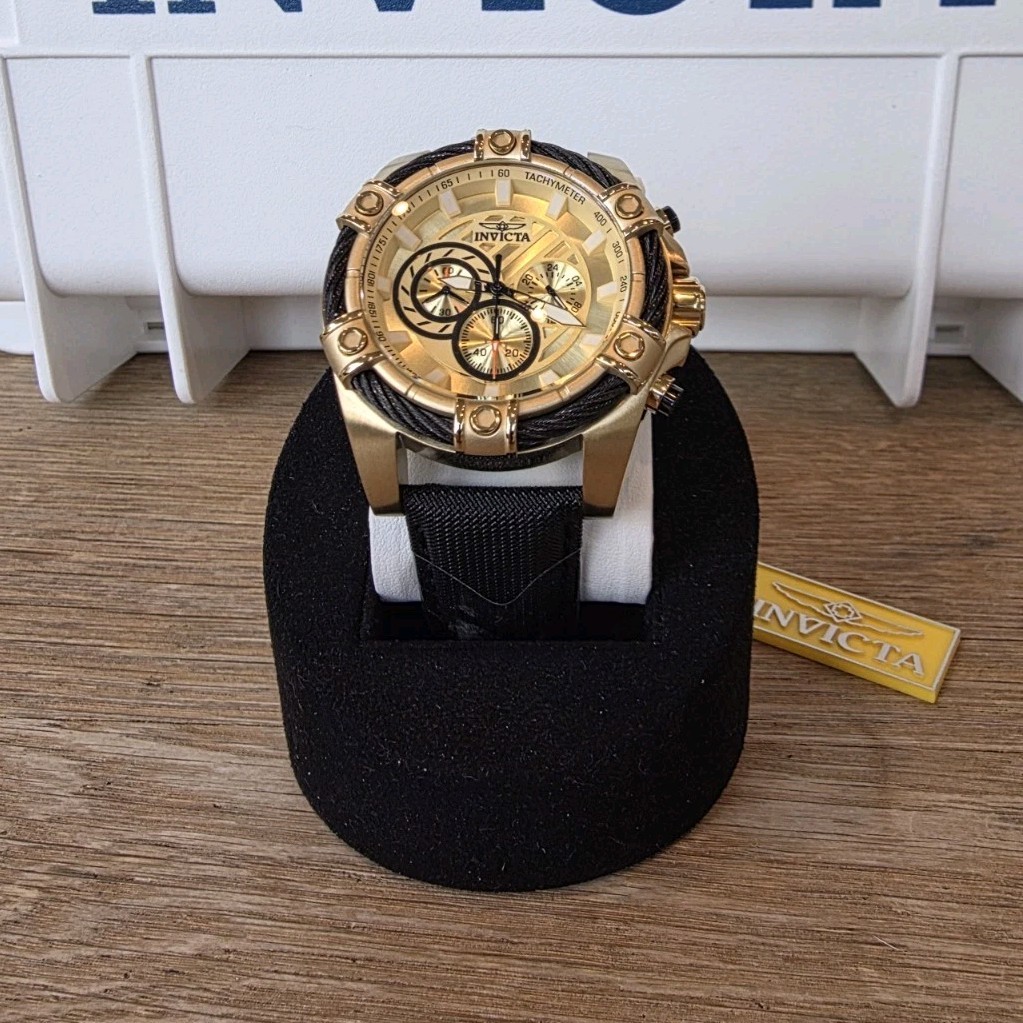 Invicta Bolt Ace Chronograph Quartz Gold Dial Black Leather Men’ Wristwatch 52mm