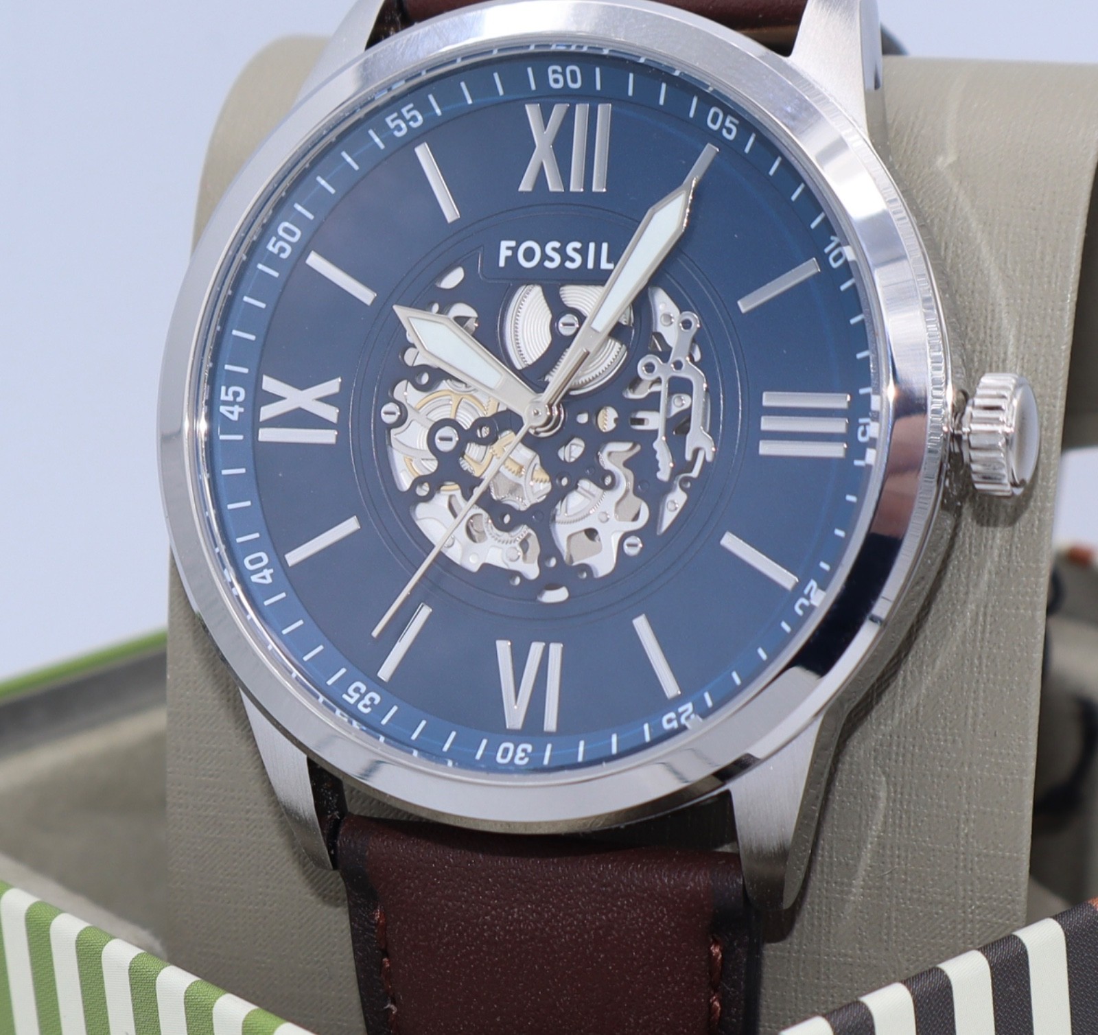 Fossil Flynn Silver Blue Brown Leather Skeleton BQM7128 Mens Watch