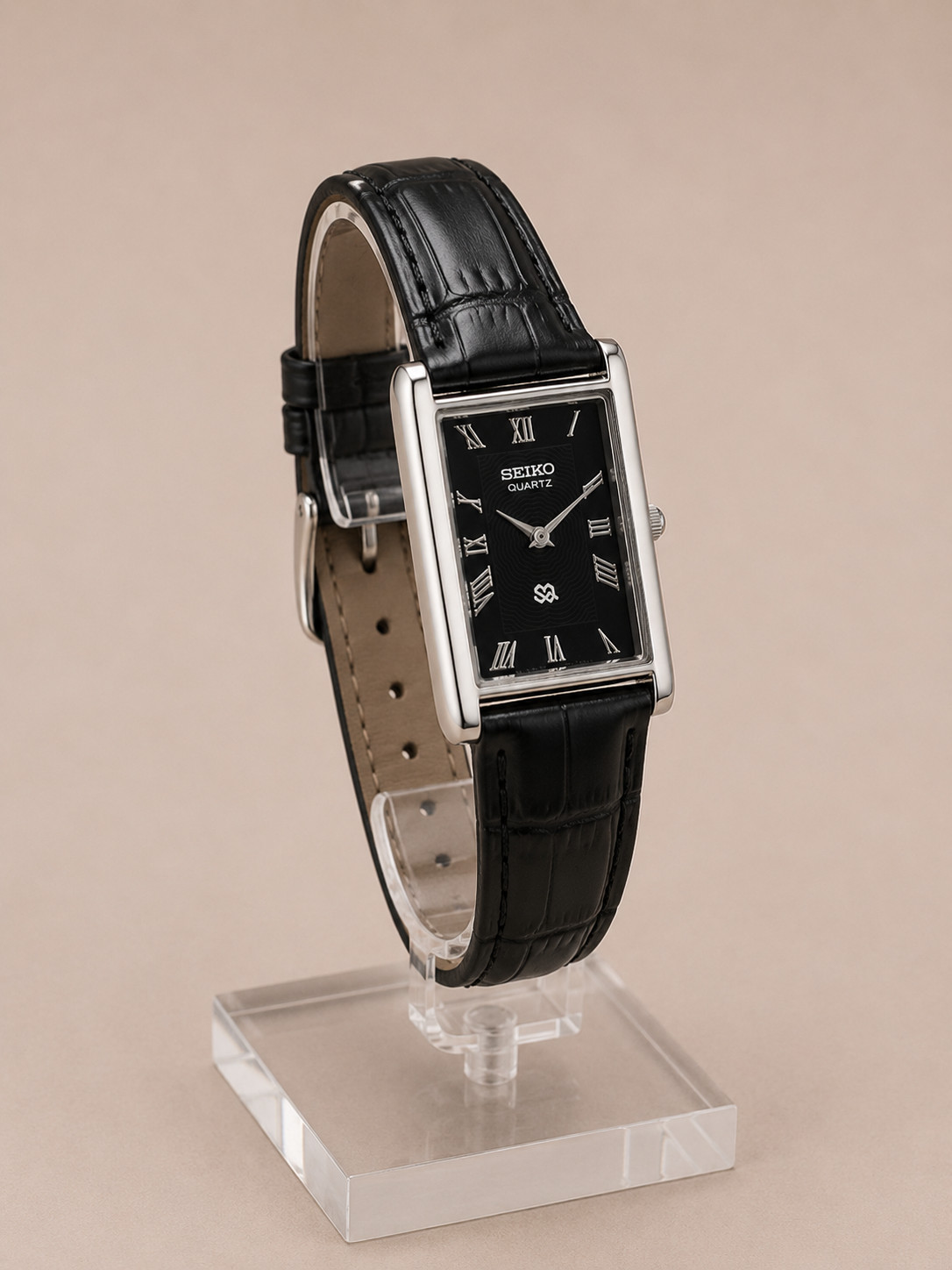 Vintage Refurbished Seiko Quartz Black Dial Rectangular Dress Watch Silver Tone