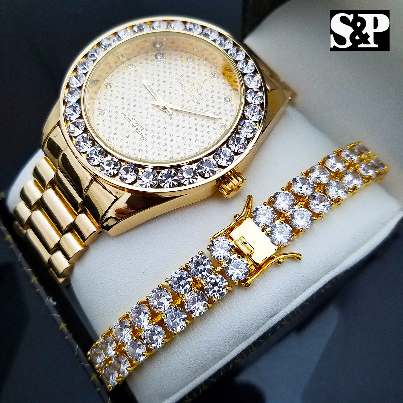 MEN HIP HOP CELEBRITY STYLE LUXURY WATCH & 2 ROWS DIAMONDS BRACELET GIFT SET
