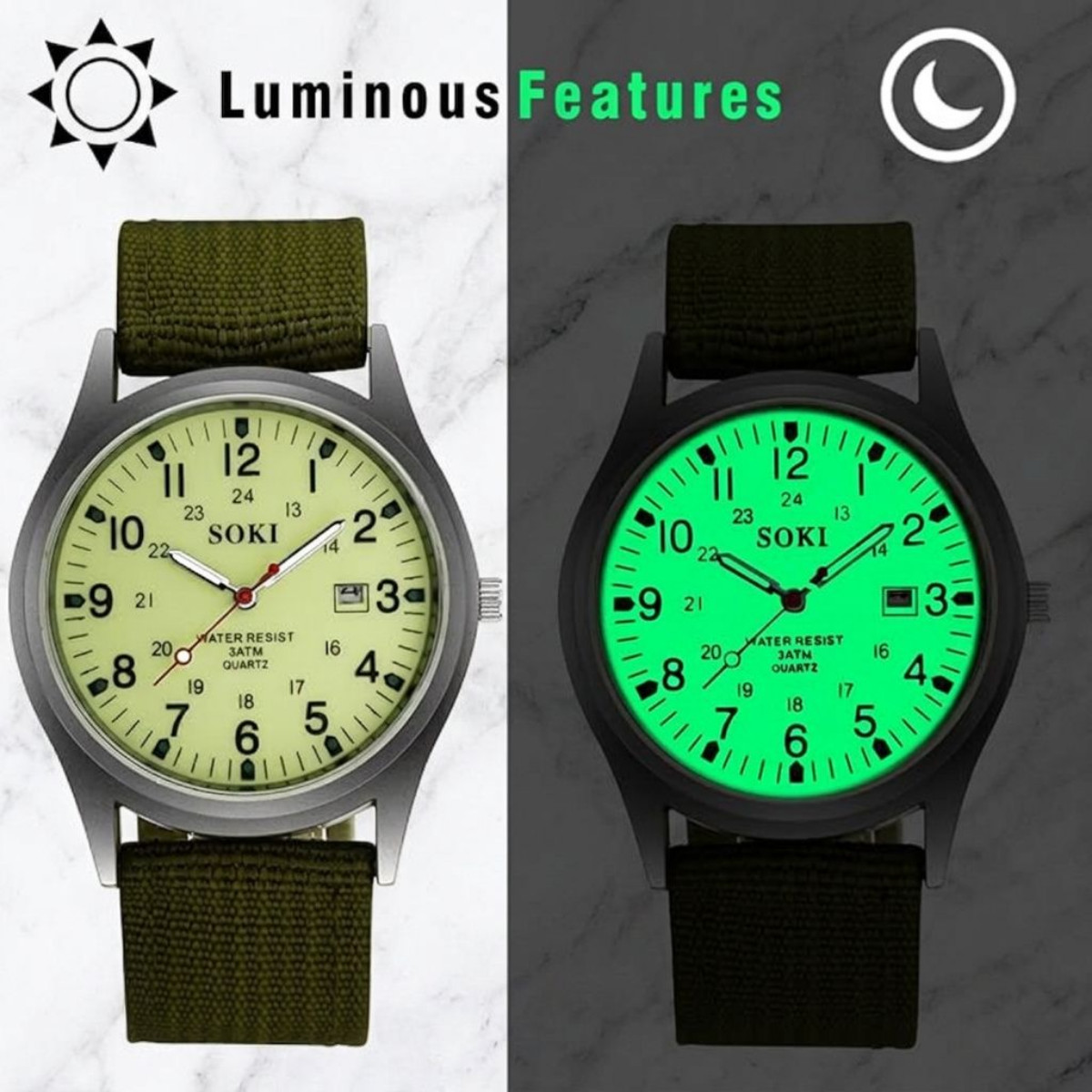 Men’s Military Army Style Luminous Dial 24Hr Green Nylon Strap Date Quartz Watch