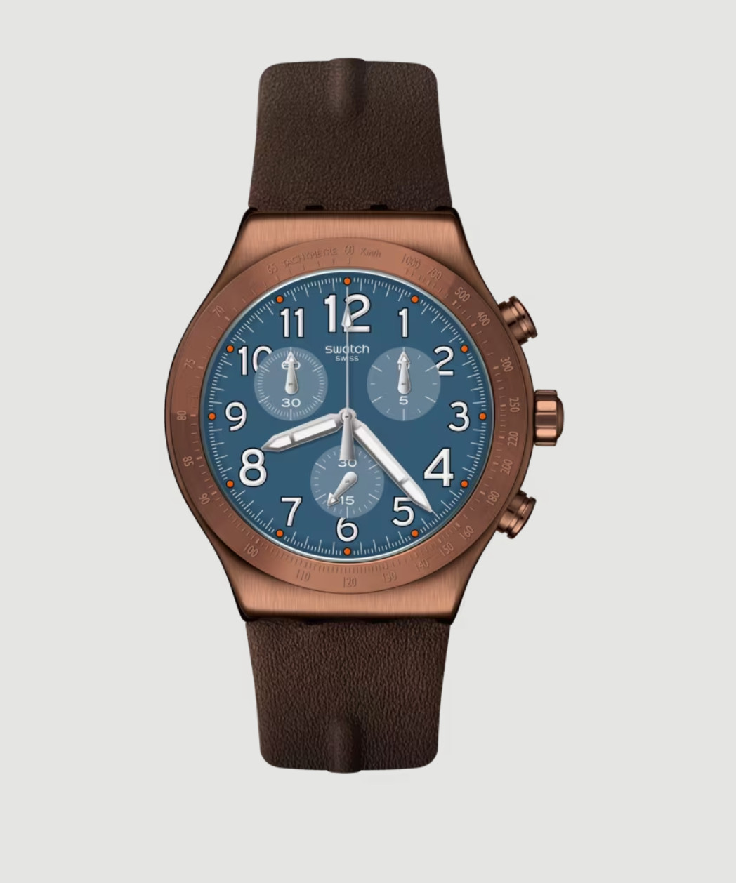 SWATCH+IRONY NEW CHRONO YVC100 BACK TO COPPER 43MM NEW BLUE GRAY DIAL GLOW