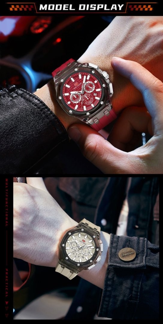 MINI FOCUS Men Transparent Case Multifunction Chronograph Calendar Quartz Watch