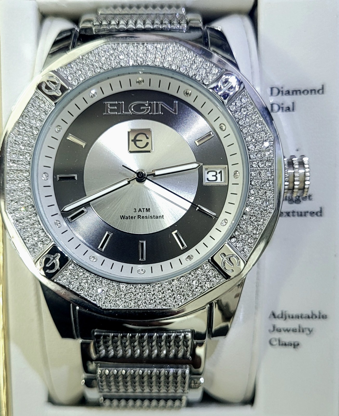 Rare Diamond Paved Bezel Mens Watch Elgin Authorized Dealer