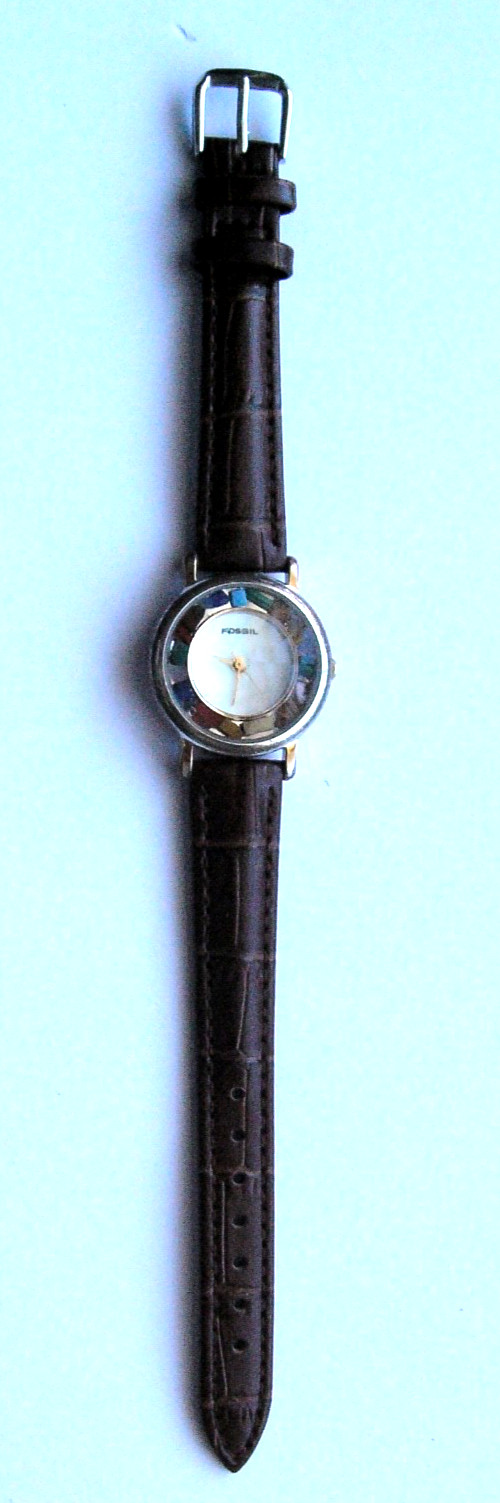 Vintage Fossil Womens Watch 28mm Mosaic Stone Bezel Leather PC-7024 New Battery