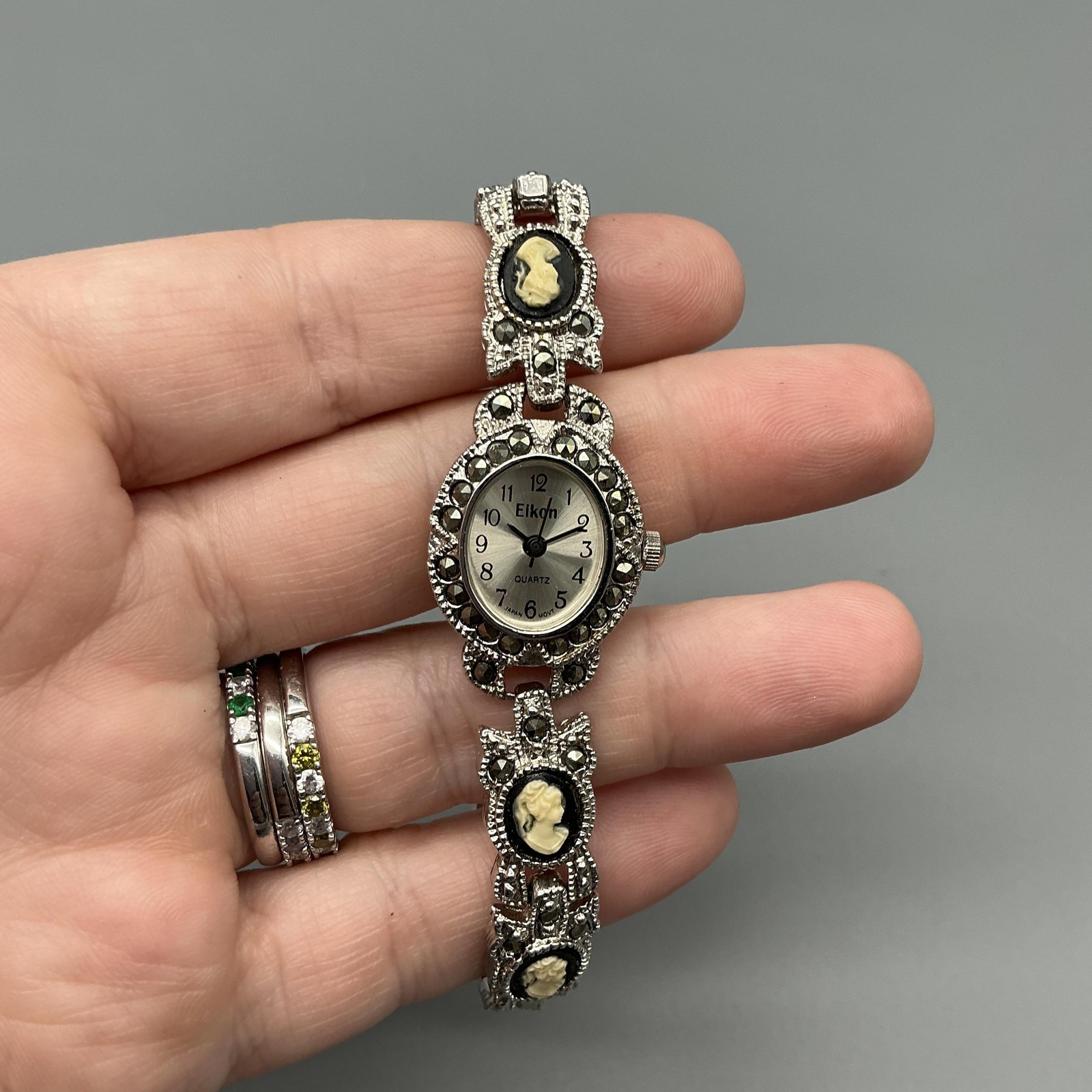 Eikon Womens Watch 13mm Silver Tone Cameo Marcasite Bracelet New Battery