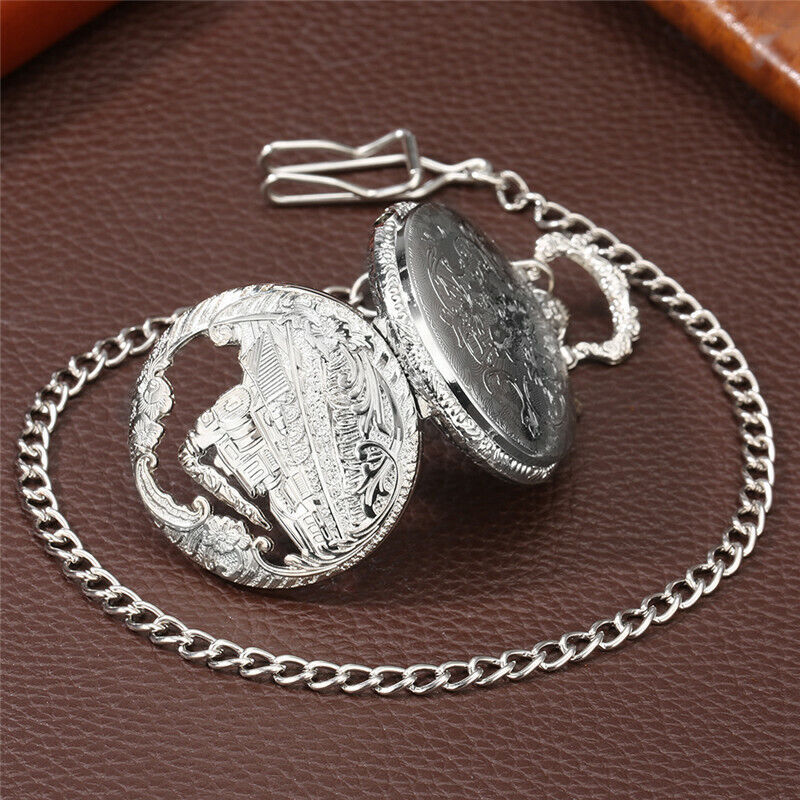 Steampunk Train LED Display Unisex Quartz Pocket Watch Antique Pendant Fob Chain