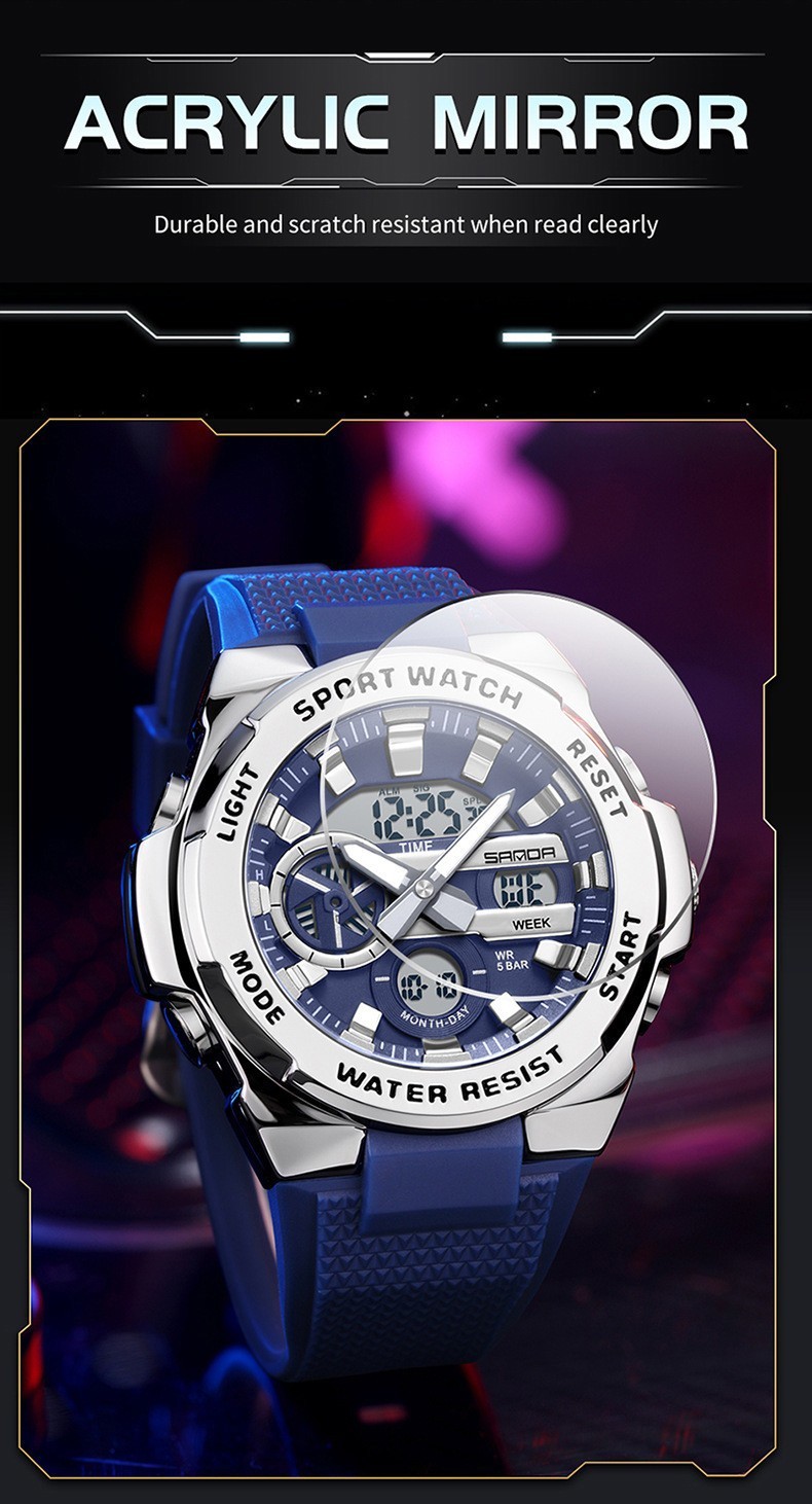 Dual display dial multifunctional sports style luminous quartz waterproof watch
