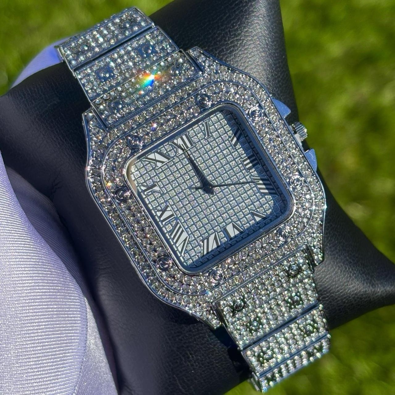 VVS Roman Numerals Square Dial Iced Out Diamond Watch Hip Hop Watch Silver Color