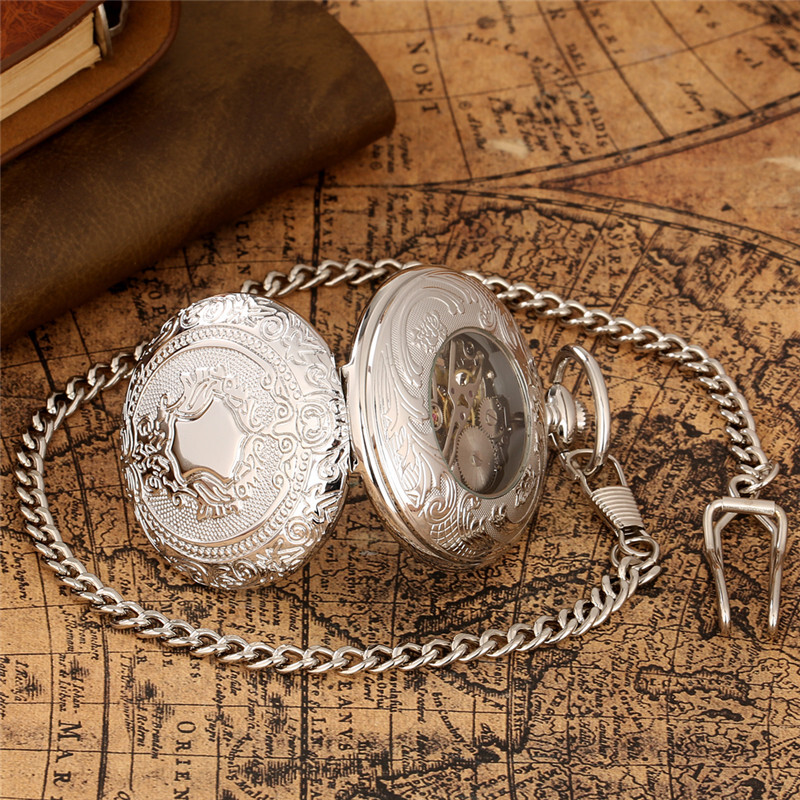 Vintage Steampunk Silver Hand Winding Mechanical Pocket Watch Shield Chain Gift