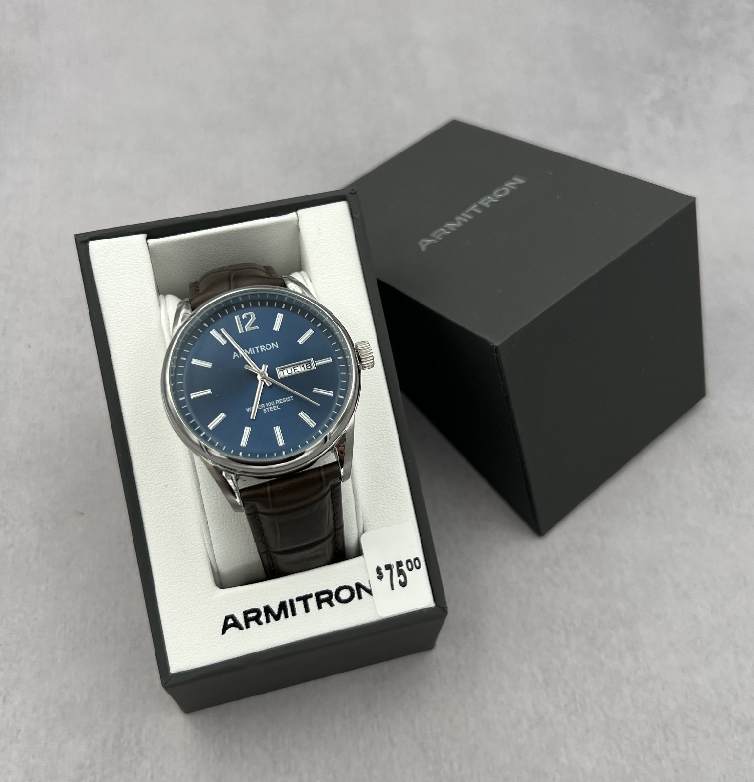 Armitron 20/5407SV Men’s Brown Leather Band Blue Dial Day Date Analog Watch