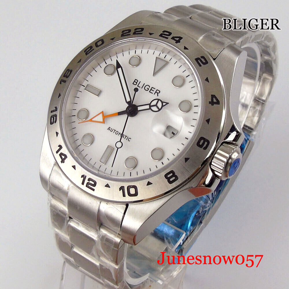 New BLIGER Steel 43MM Mechanical Men Wristwatch GMT Screw Crown Brush Bracelet