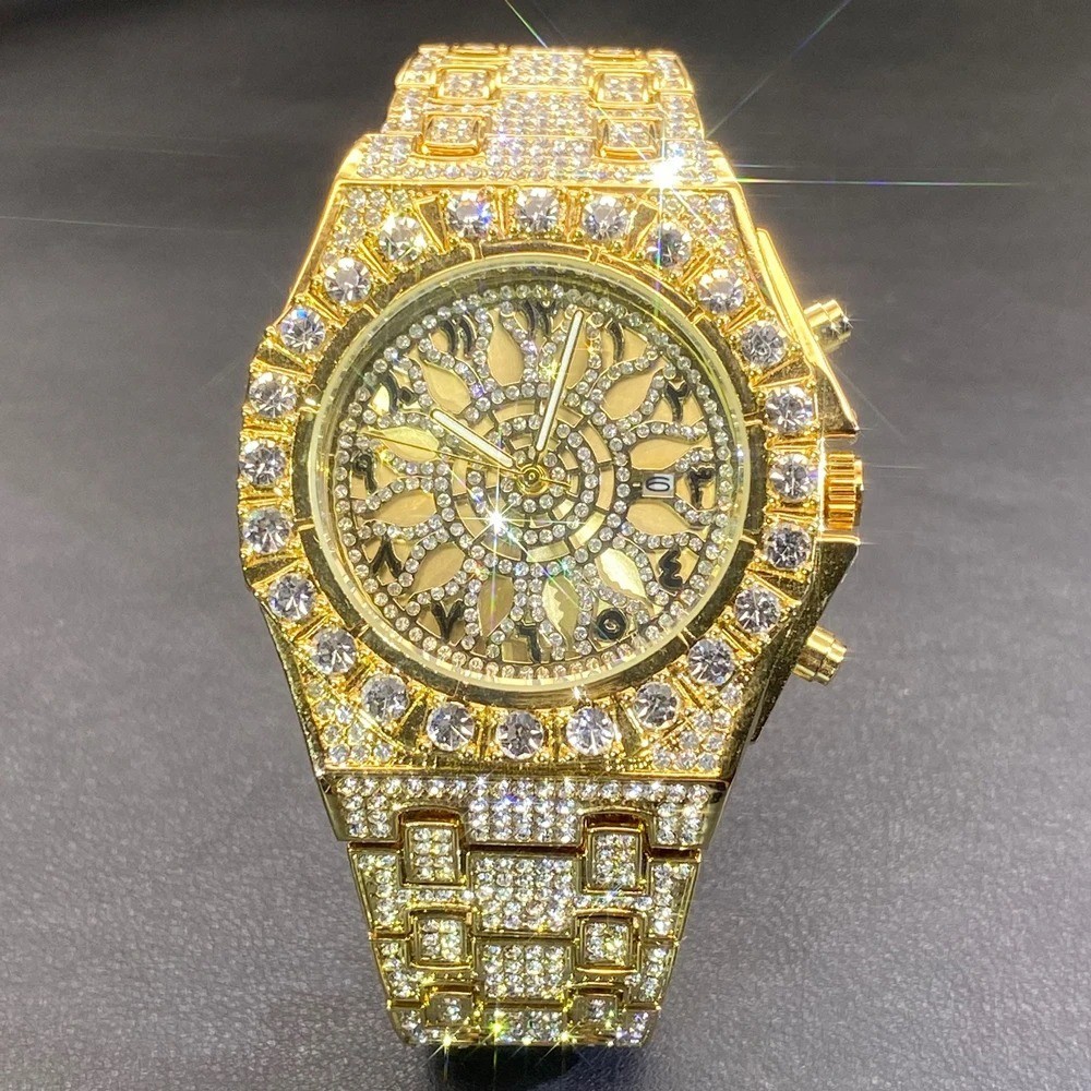 Arabic Luxury Hip Hop Custom Bling Ice out Men Watch Gold Iced Simulated Diamond