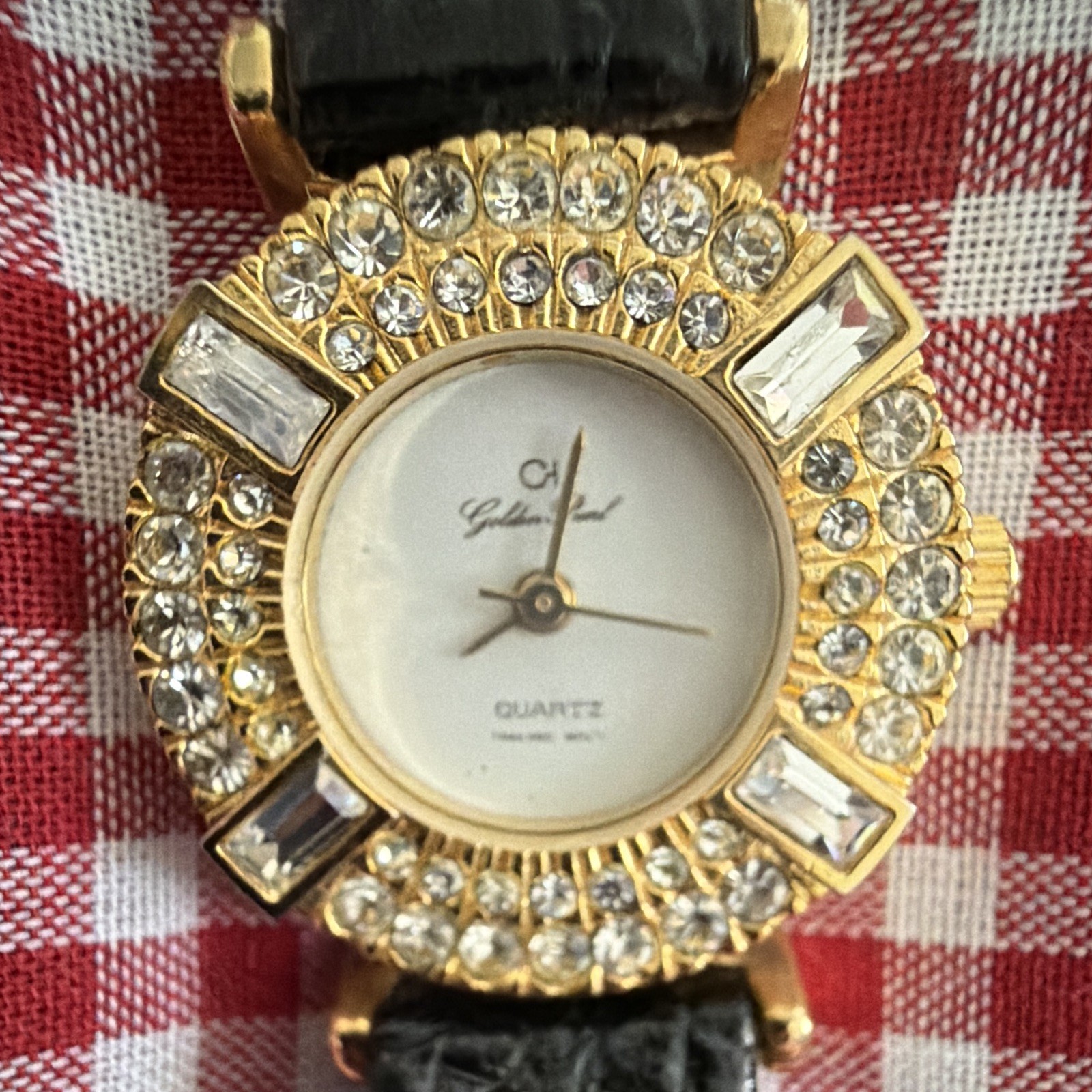 Gloria Vanderbilt Quartz Gold Tone Crystal Bezel Watch Black Leather
