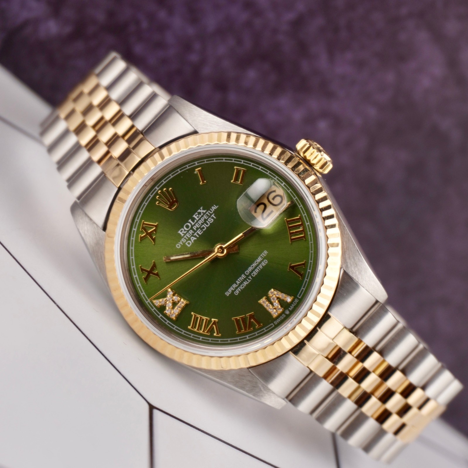 Rolex Datejust 36mm Yellow Gold Fluted Green Roman Diamond Dial Jubilee Watch