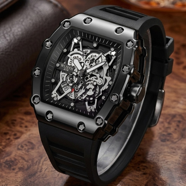 Men’s Sport Quartz Watch – Tonneau Shape, Black Silicone Strap, Luminous Hands