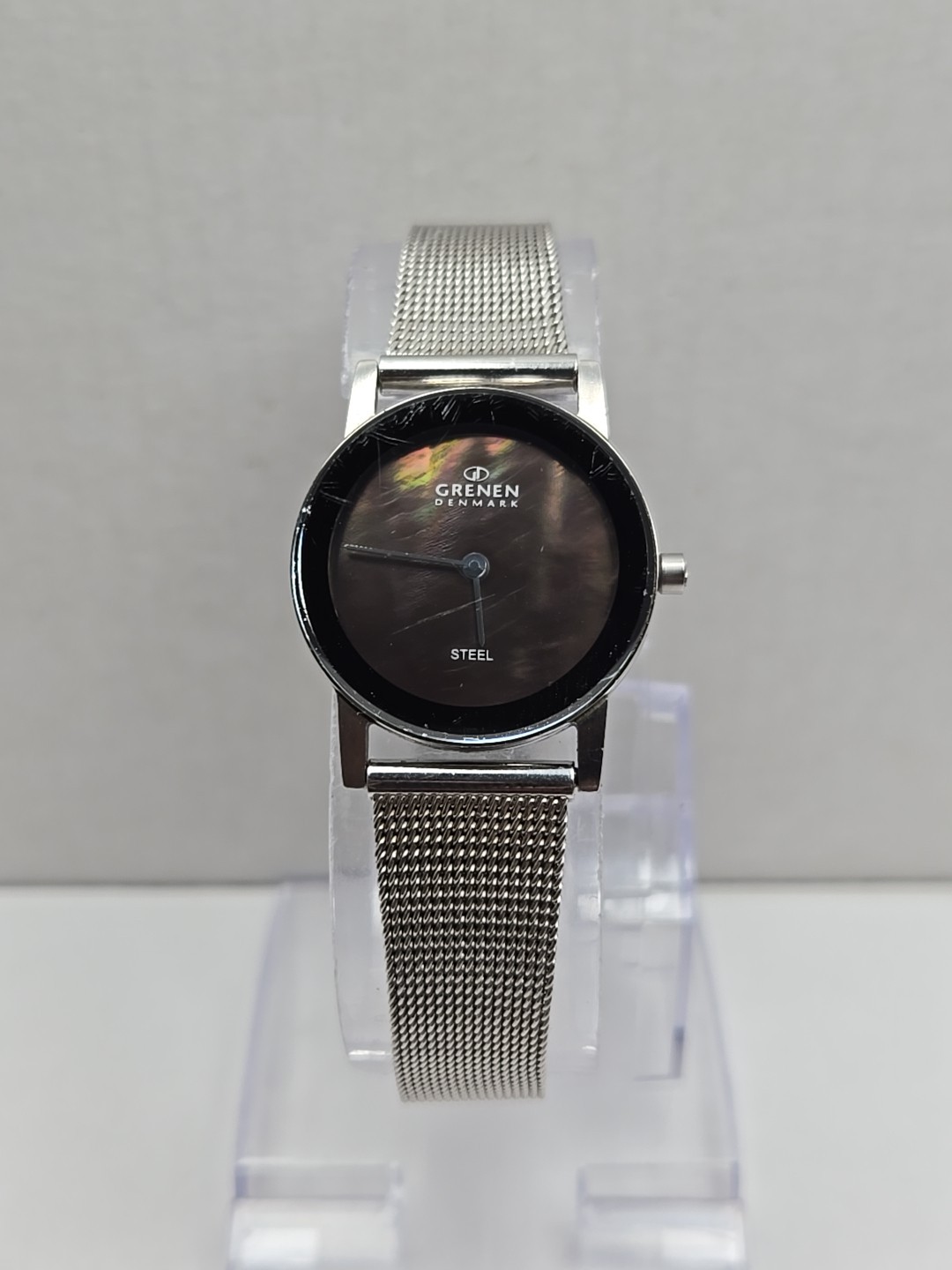Grenen Denmark Womens Silver Mesh Watch Black Mother Of Pearl Dial New Battery