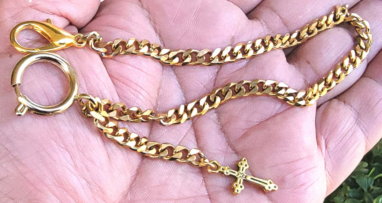Gold Plated Custom Made Pocket Watch Chain with Spring Ring Clasp and Cross Fob.