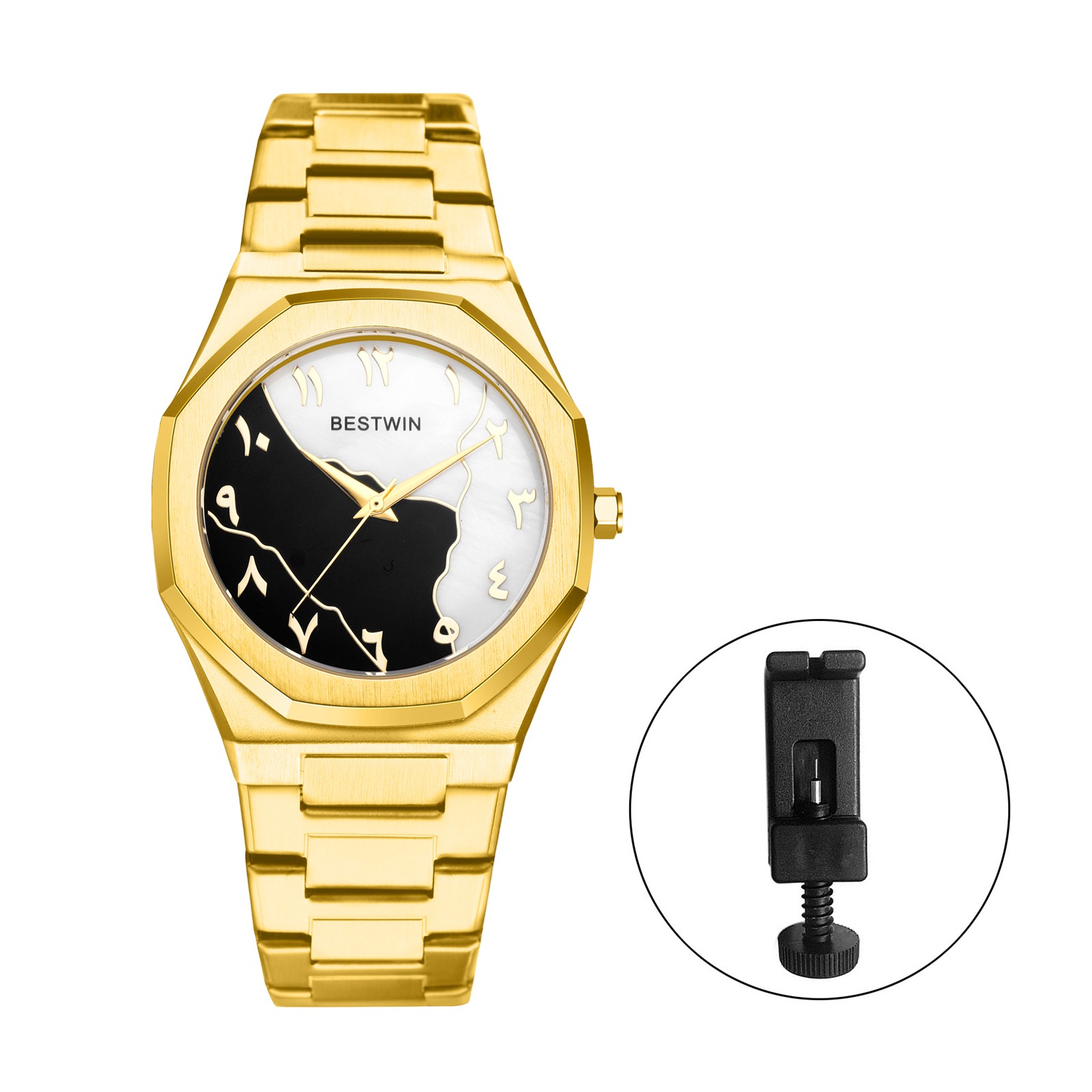 Men’s Octagon Two-color Dial Waterproof Quartz Wrist Watch Stainless Steel Strap