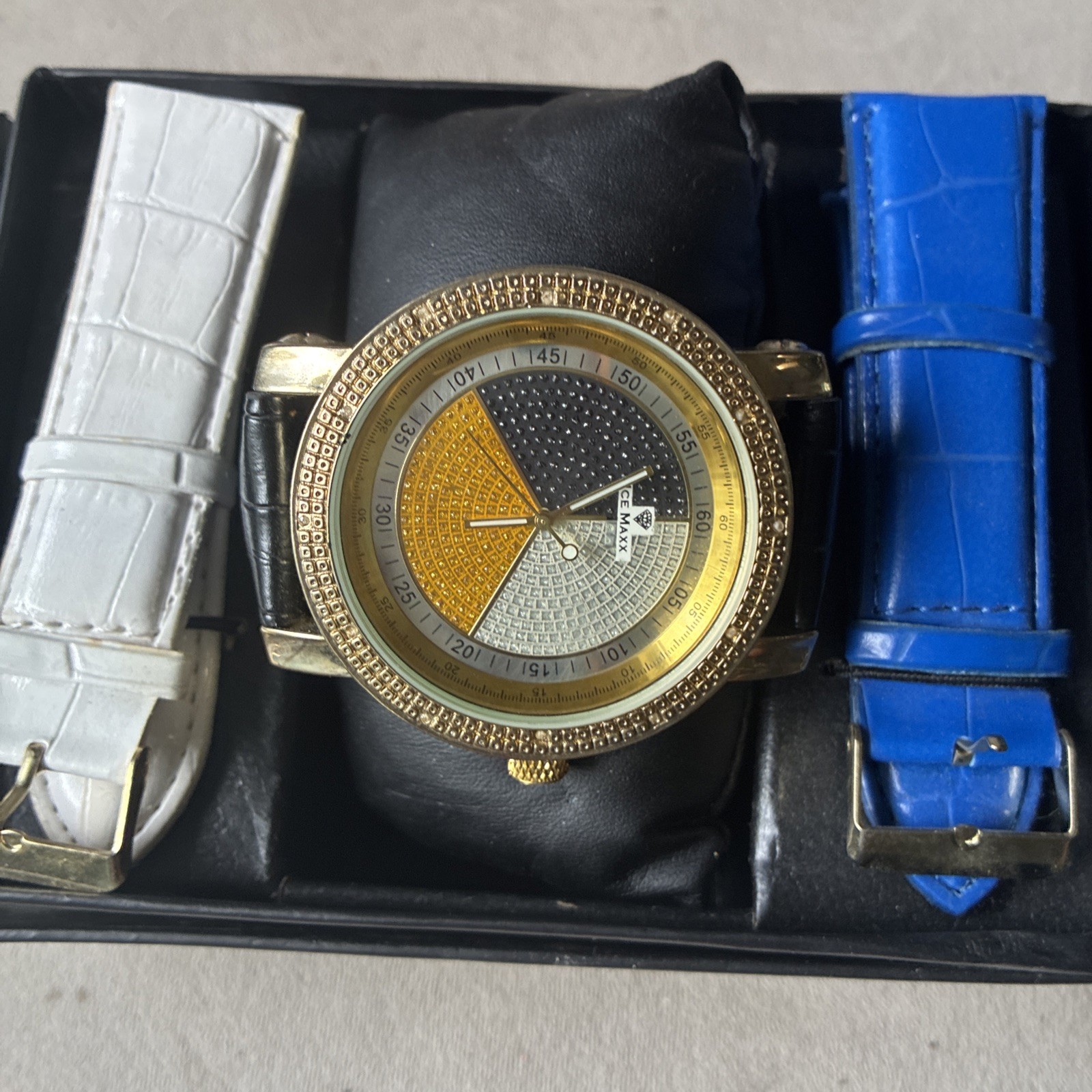 NWT Diamond Quartz Ice Maxx w/Changeable leather bands SILVER-NEW KEEPS TIME