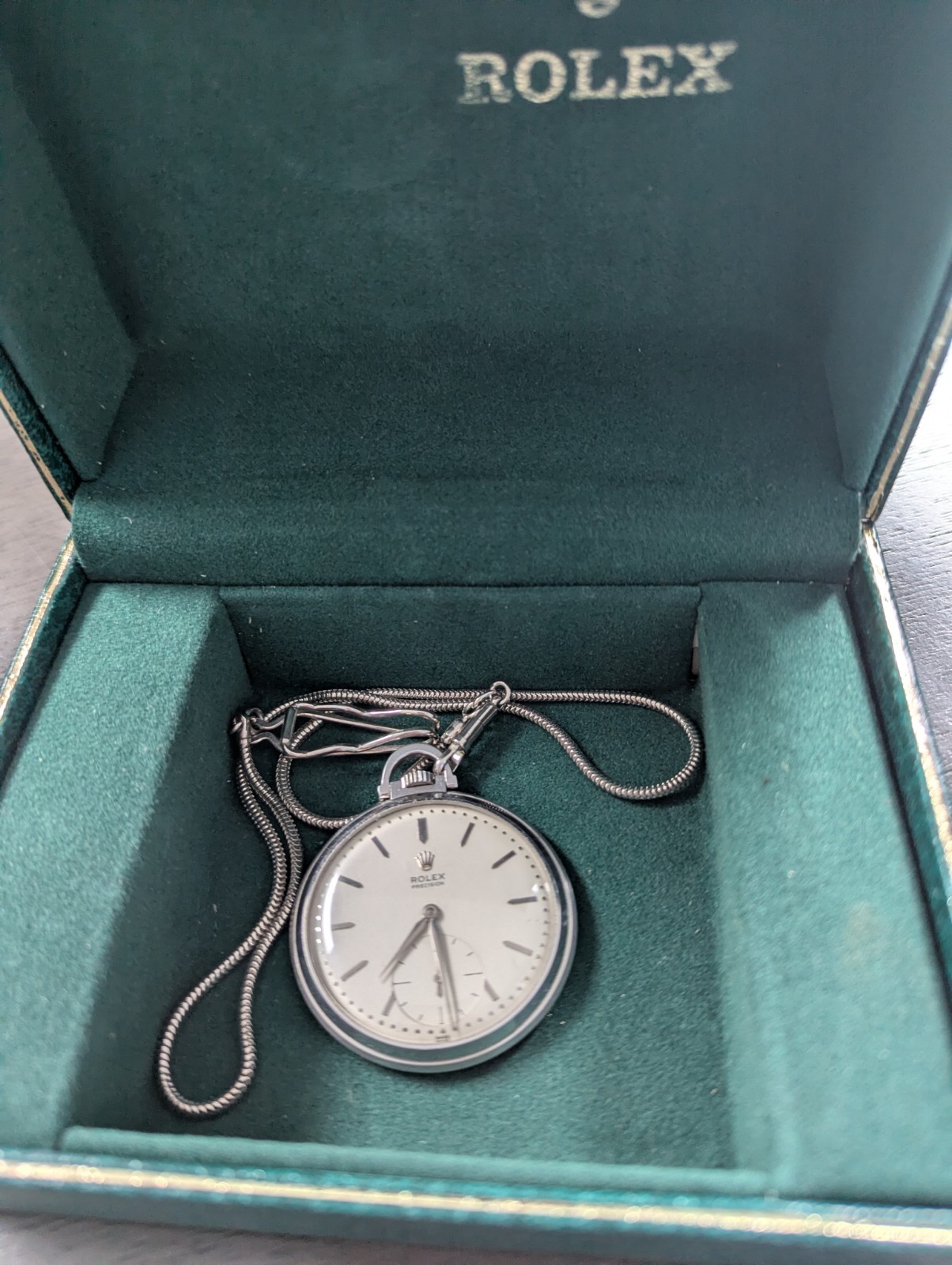Rolex Precision 9165 Stainless Steel Pocket Watch w/ Box & Original Chain