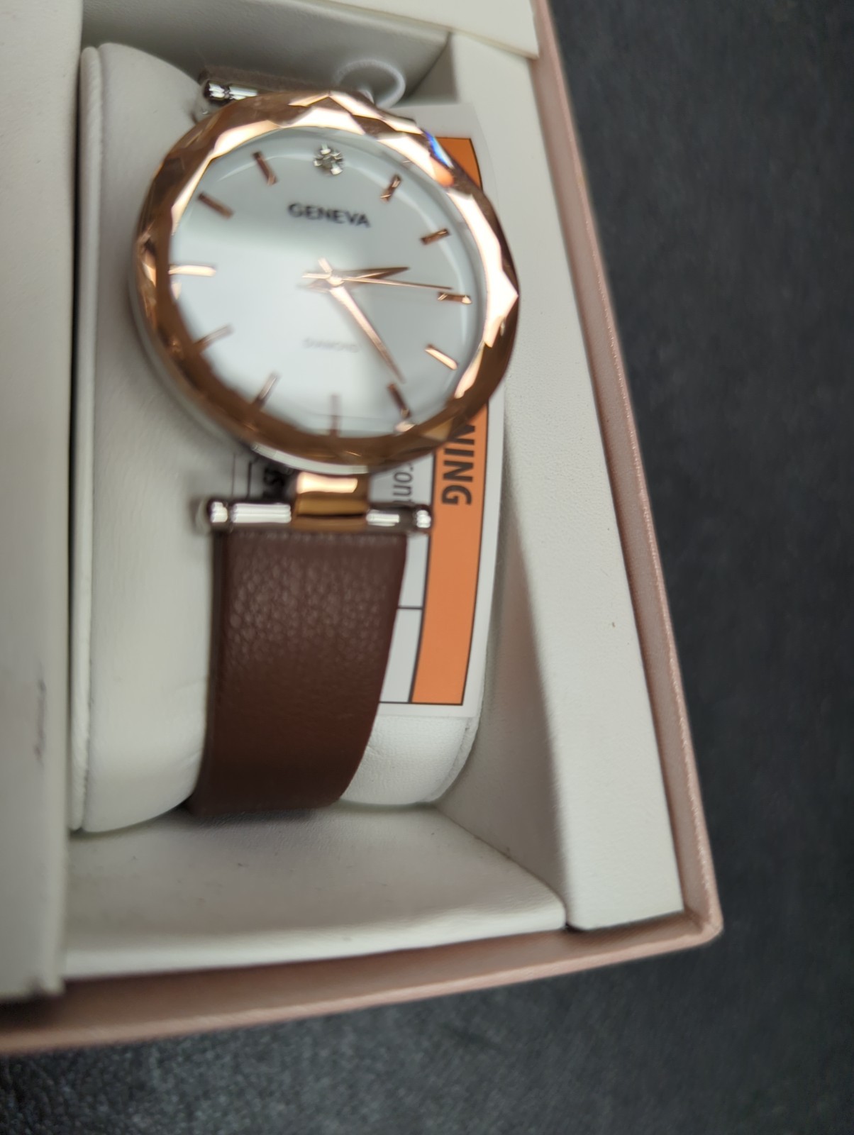 Geneva Ladies Genuine Diamond Dial 34mm Rose Tone Brown Strap Watch