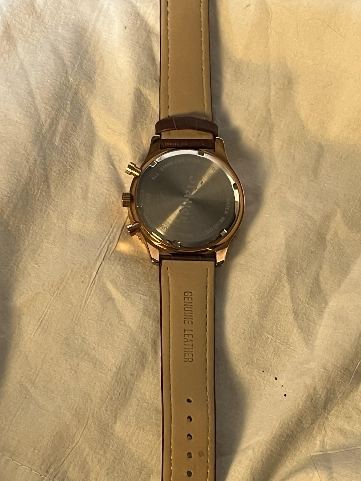 Stauer 1930 Dashtronic Quartz Chronograph Date Gold Case Brown Leather 42mm