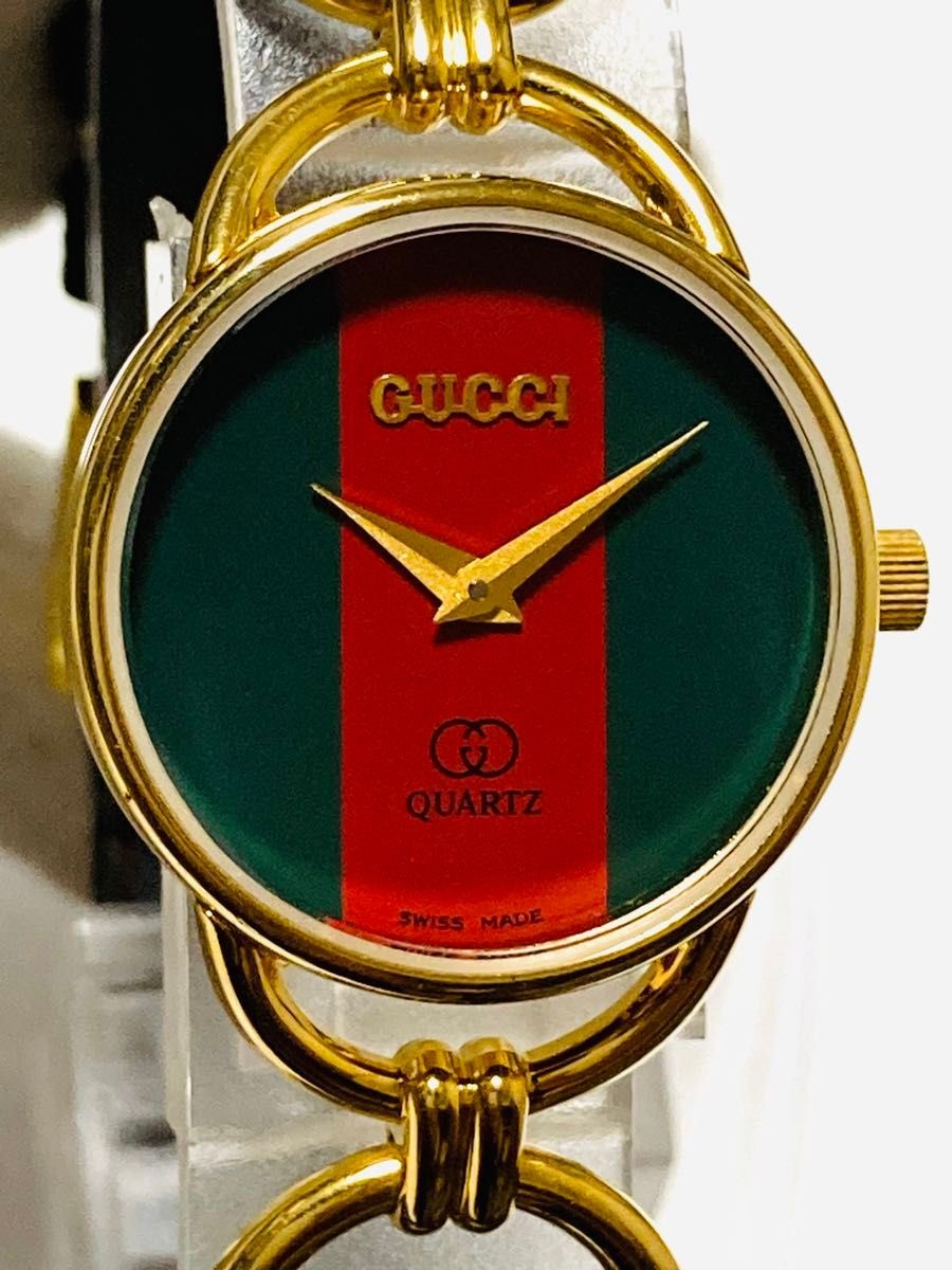 [A3P] Gucci Shearline Vintage Green Red Web Leather Quartz Ladies [x9s]