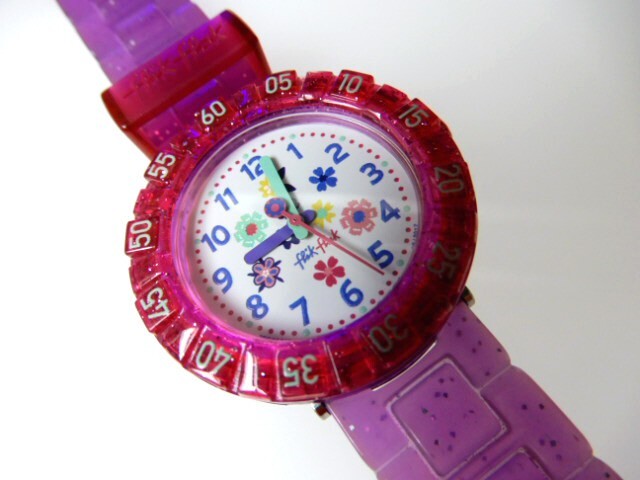 PURPLE GARDEN! Flik Flak Girls FLORAL Swatch with GLITTER Strap! NIB-RARE!