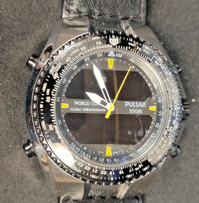 Seiko Pulsar Watch Men 45mm Silver Black Analog Digital World Time FOR PARTS!!!!