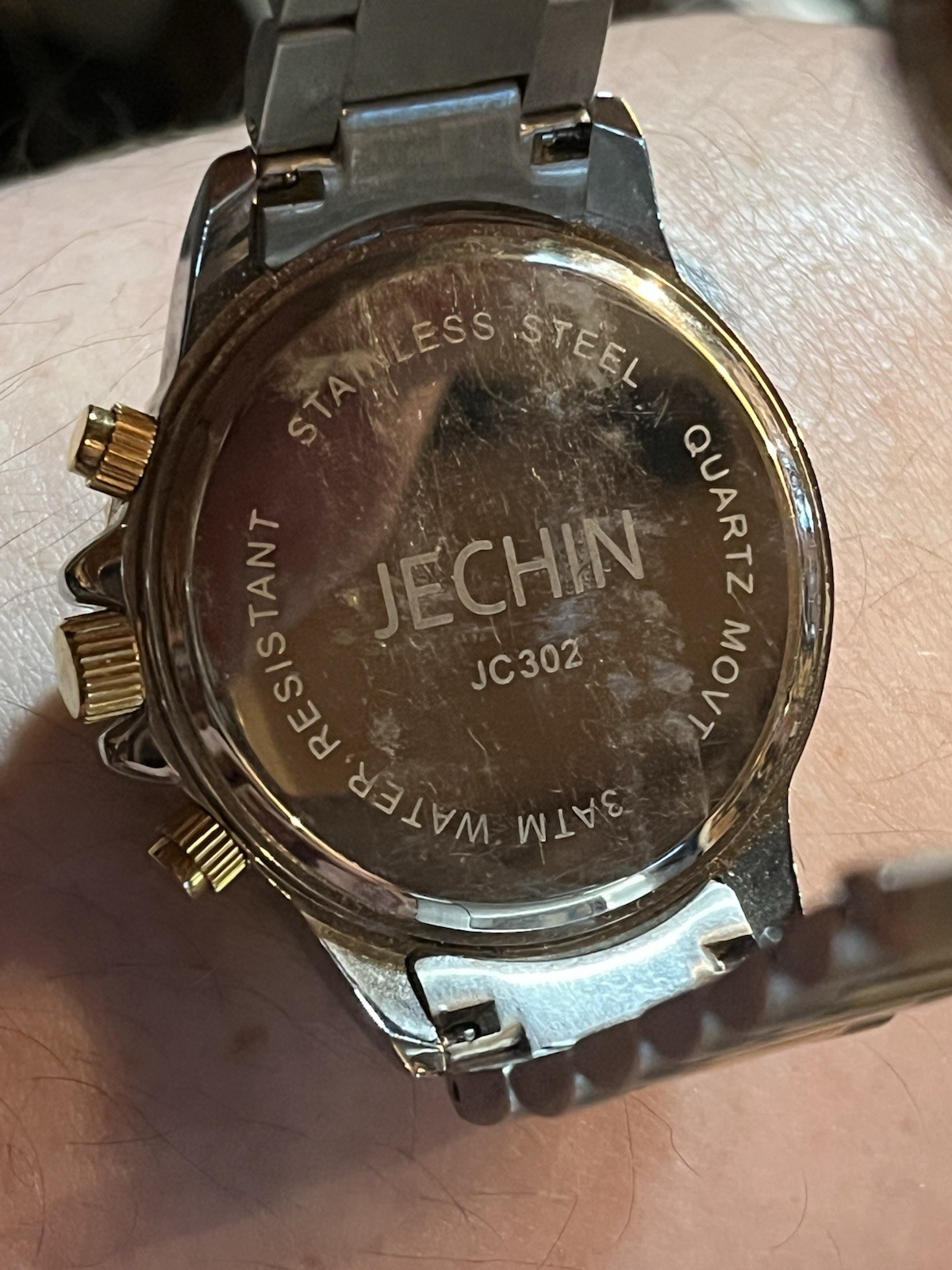 Jechin Mens Analog Chronograph Watch Silver/Goldtone Blue Dial Butterfly Clasp