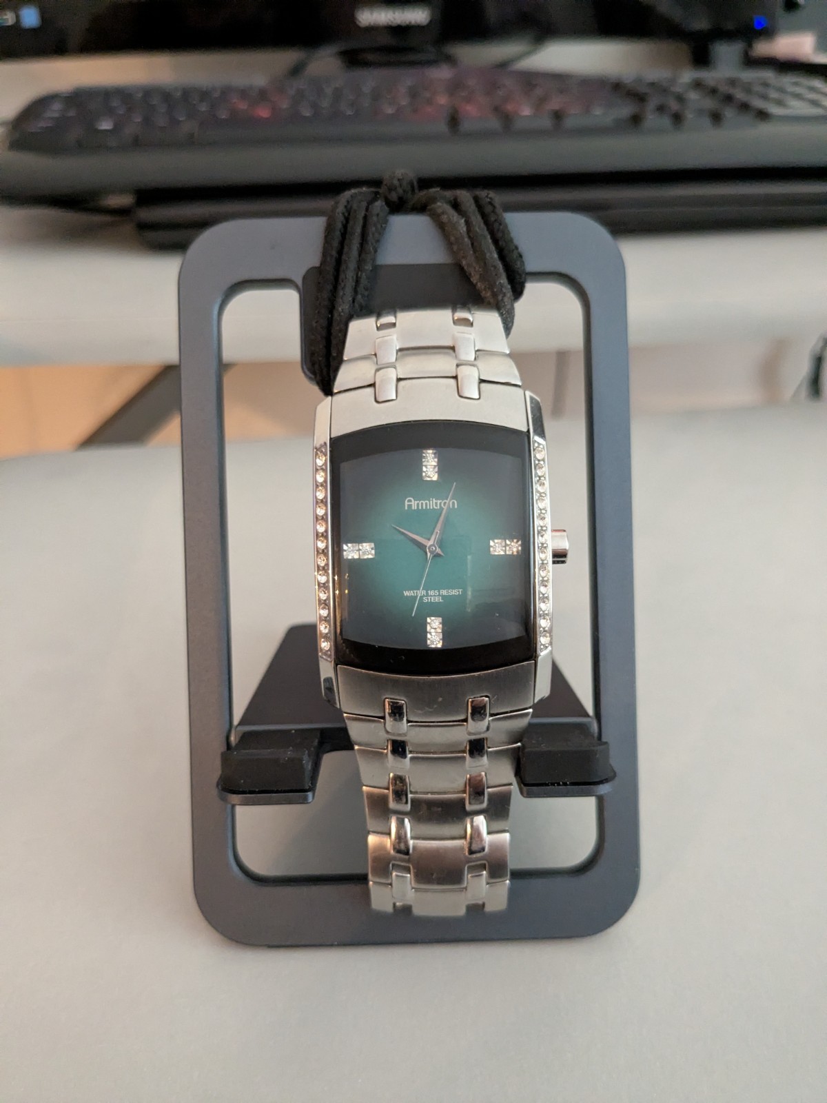 Vintage Men’s Tank Watch – RARE Green Dial – Stainless Steel with 32 Crystals!
