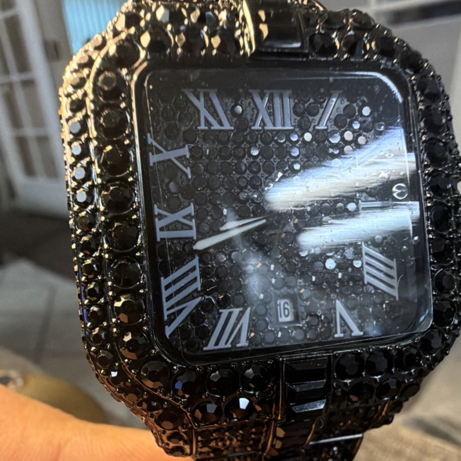 AJ Square Analog Wristwatch Black Diamond Pattern Dial Roman Numerals Date Indi…