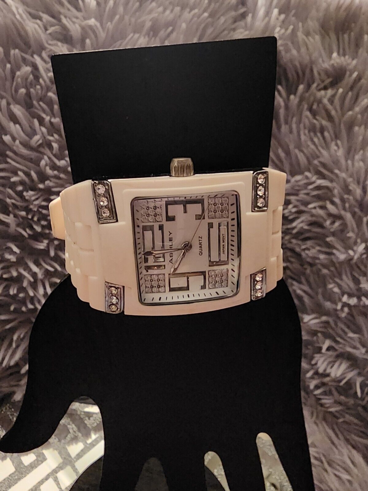 Retro ASHLEY Lg Frame Watch White Rubber Silicone Band & Pave CRYSTAL Detailing