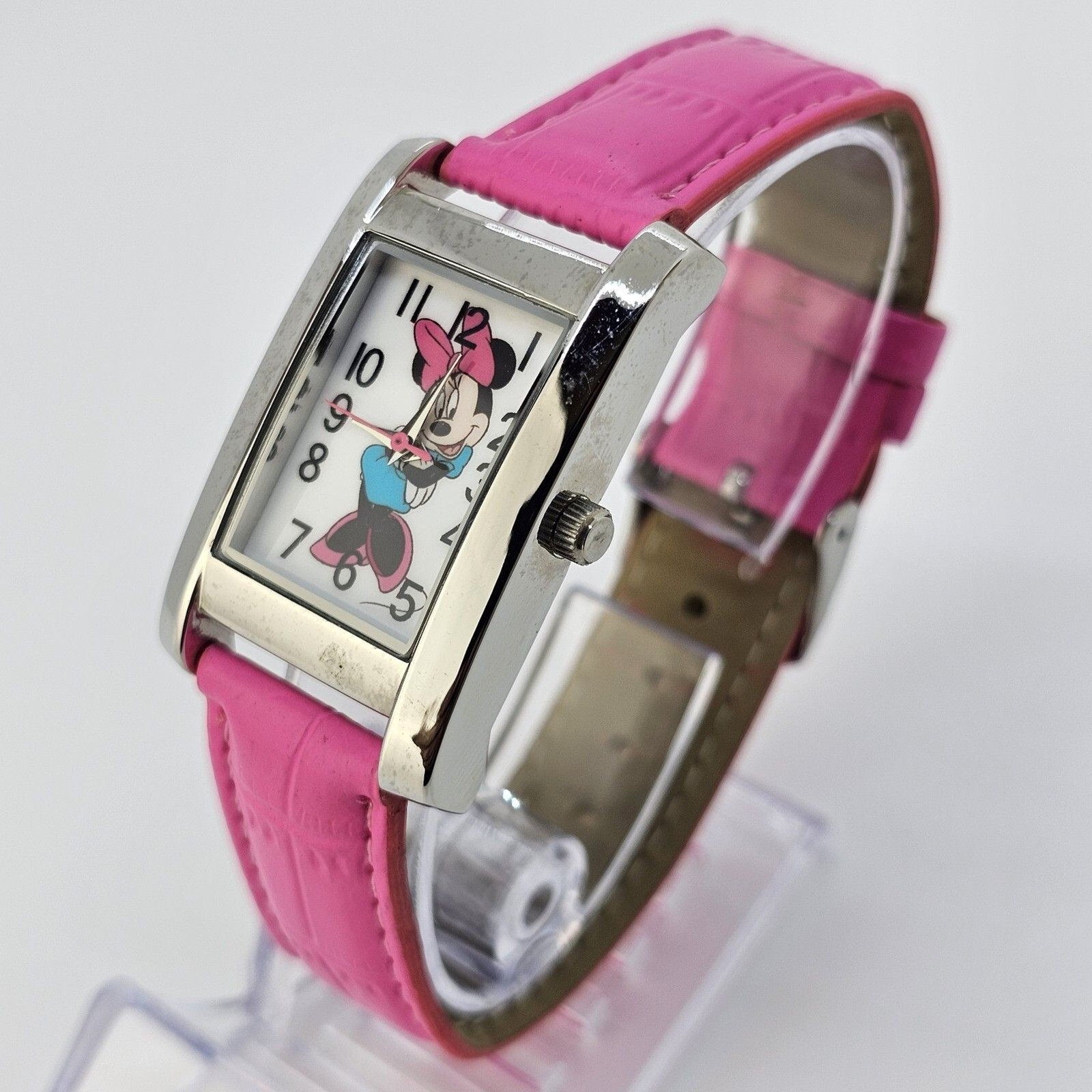 Minnie Mouse Women’s Watch 26MM White Dial Pink Leather Band Straps New Battery