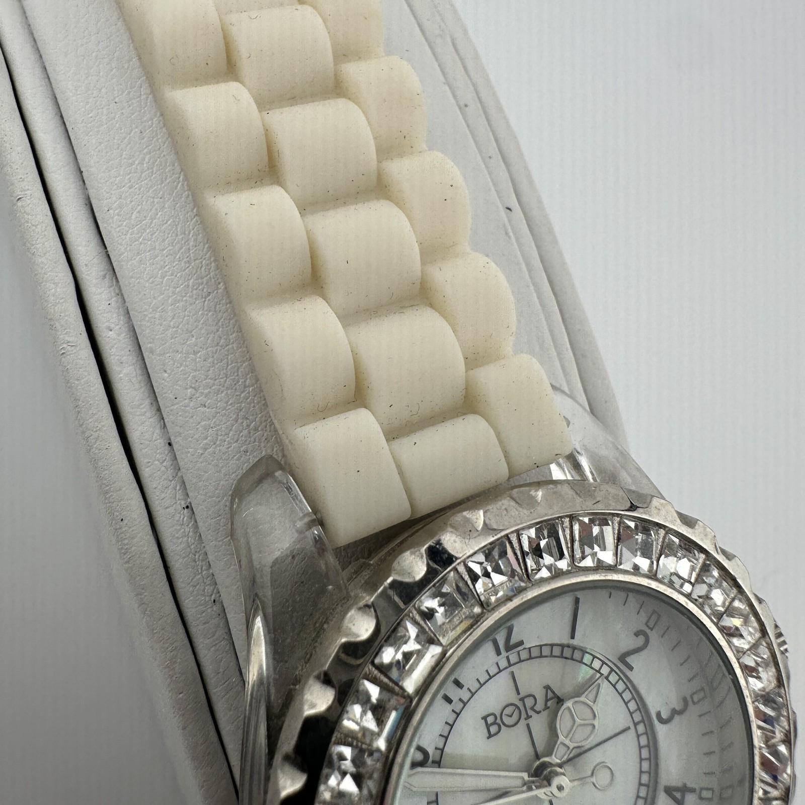 BORA Womens Watch 38mm White MOP Dial Crystal Bezel Silicone Band Quartz
