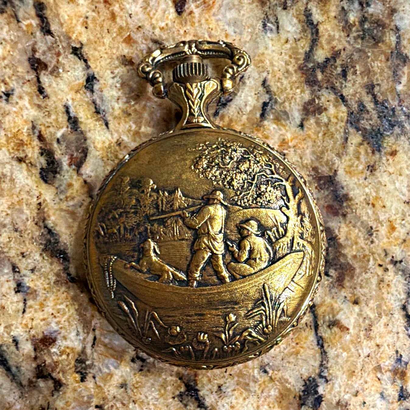 Belair Quartz Hunter Pocket Watch w/ Chain Day Date Hunting Scene Needs Battery