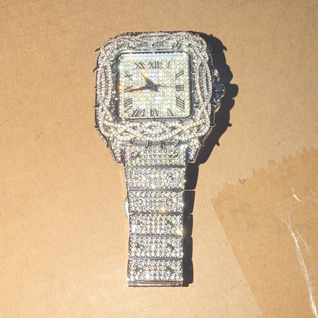 Silver Tone Square Analog Watch Roman Numerals Gem-Set Bezel Metal Bracelet