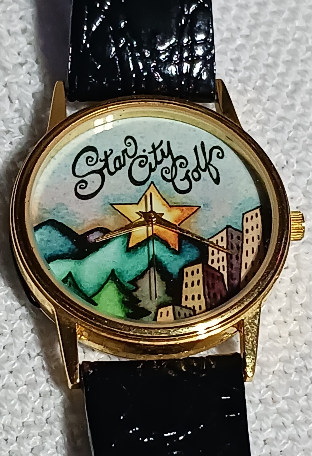 Vintage Star City Golf Novelty Watch with Black Embossed Alligator Leather Strap