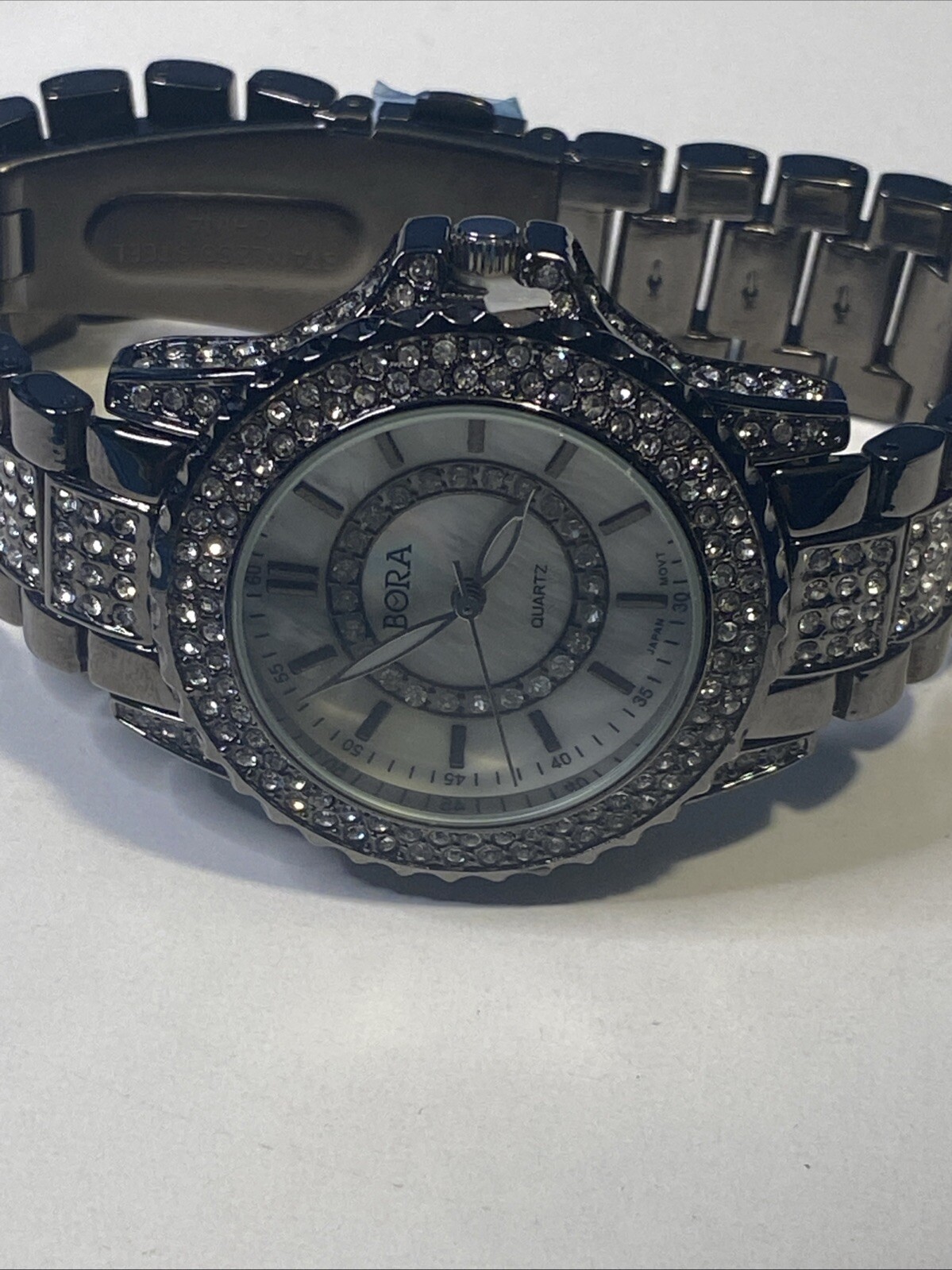 Bora Watch Women 37mm Crystal Bling Gun Metal Color New Battey Band Bling