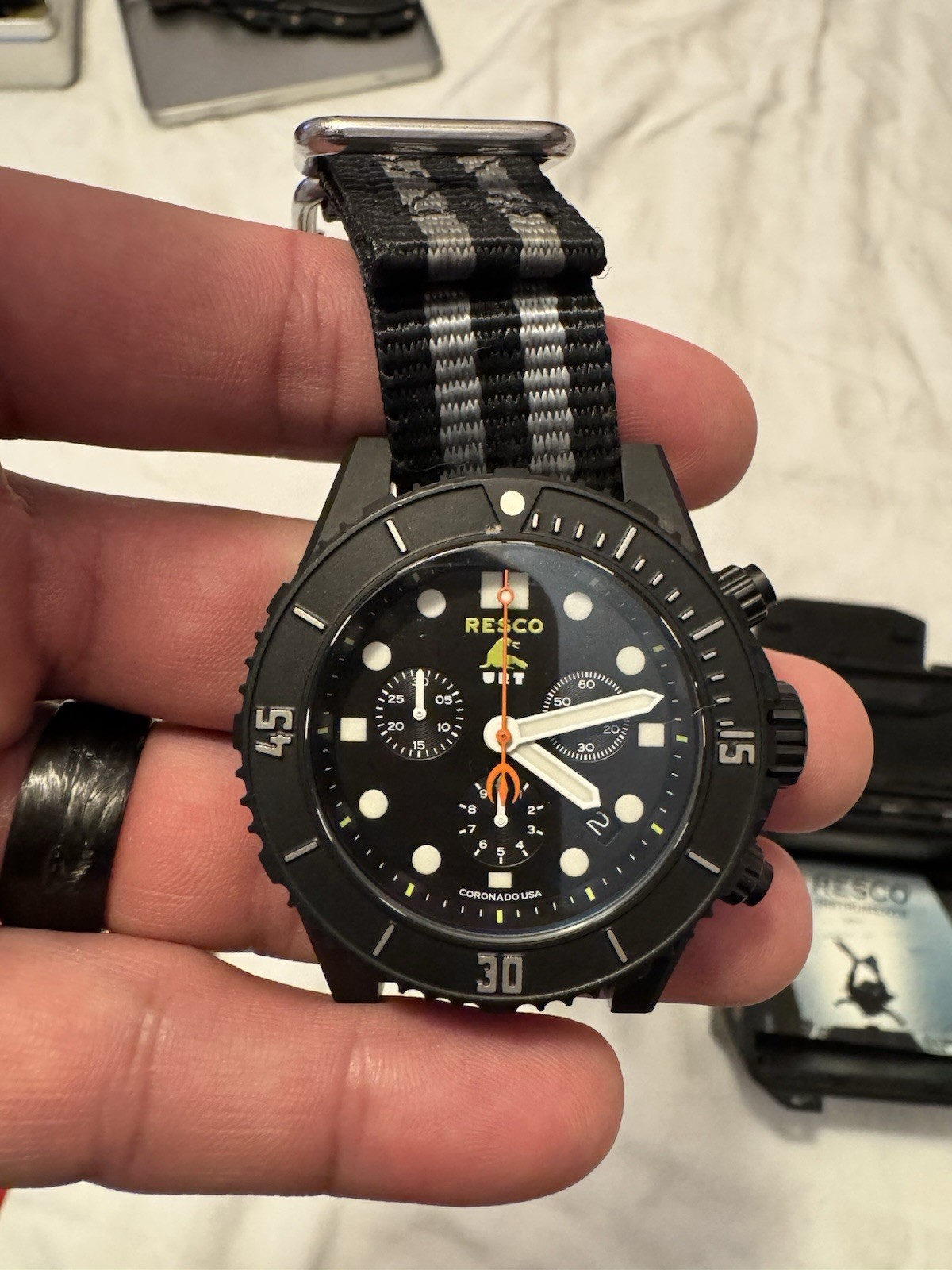 RESCO Manus Diver 300m Quartz Chronograph Date Black Dial NATO Strap w/ Box