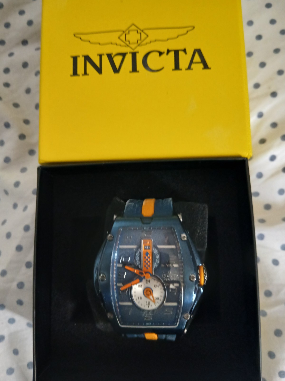 Invicta Raceway Men’s Quartz Sport Tonneau Blue/Orange Dial Strap 52mm+ Box