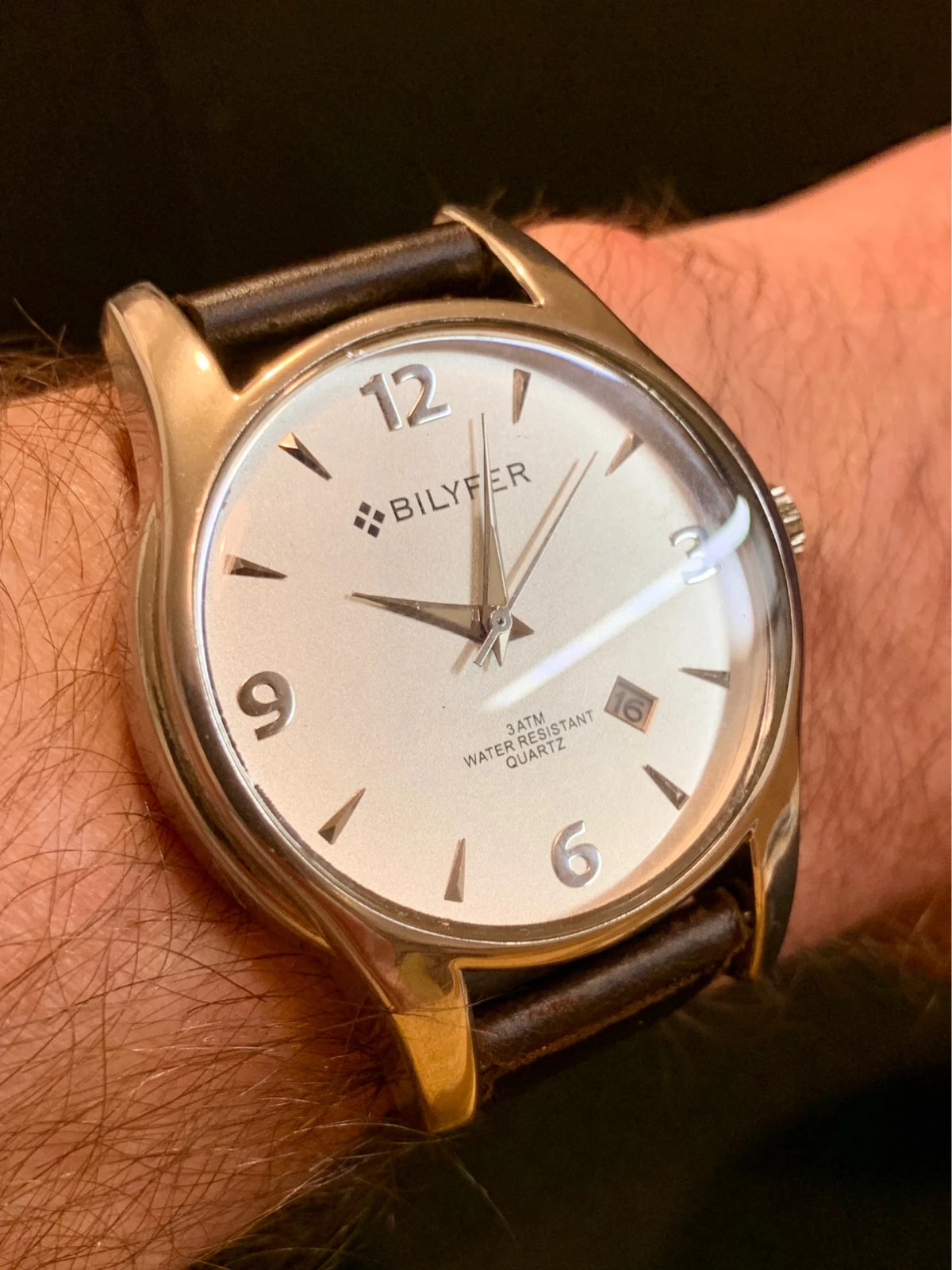 Bilyfer Classic 42mm Watch Silver Dial Brown Leather Strap