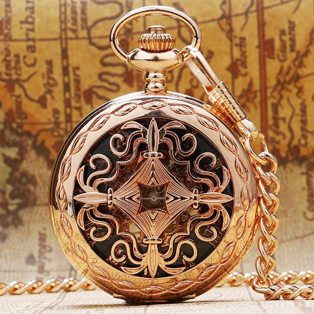 Steampunk RoseGold Skeleton Mechanical Pocket Watch Roman Dial Wedding Gift