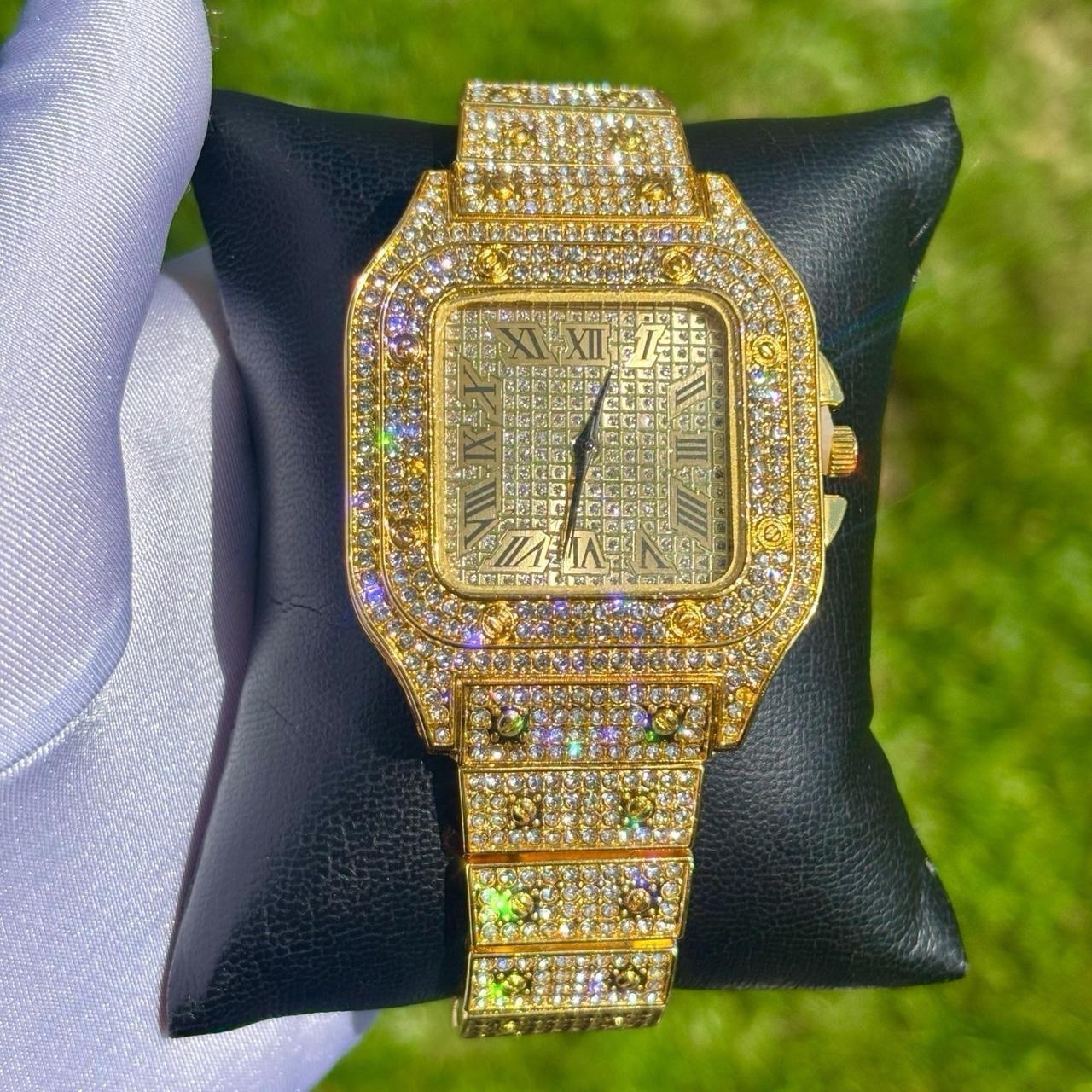 VVS Roman Numerals Square Dial Iced Out Diamond Watch Hip Hop Watch Gold Color