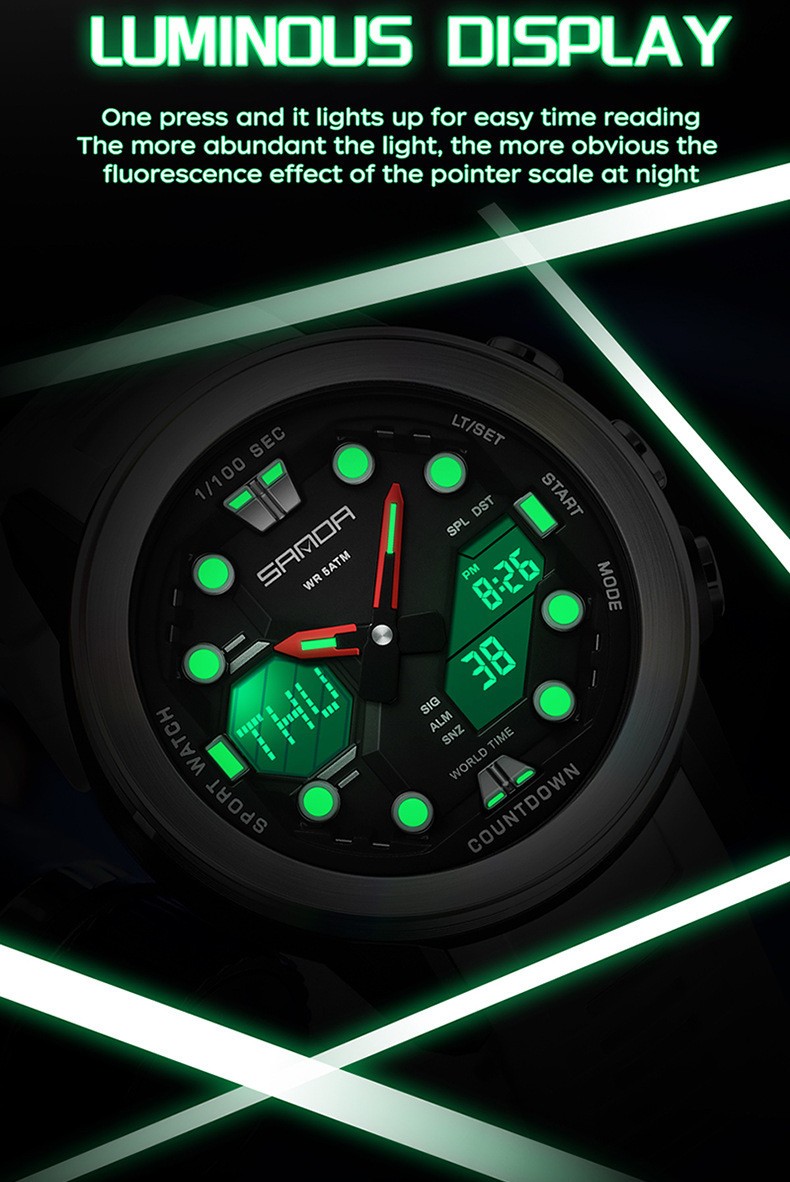 Dual display dial multifunctional sports style high waterproof quartz watch